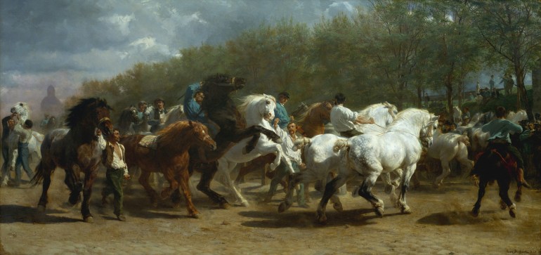 The Horse Fair, 1852-55, Oil on canvas, 96 1/4 x 199 1/2 in (2445 x 5067 cm), Paintings, Rosa Bonheur (French, Bordeaux 1822-1899 Thomery), This, Bonheur-s best-known painting, shows the horse market held in Paris on the tree-lined Boulevard de l-H-pital, near the asylum of Salp-tri-re, which is visible in the left background For a year and a half Bonheur sketched there twice a week, dressing as a man to discourage attention. (Photo by: Sepia Times/Universal Images Group via Getty Images)